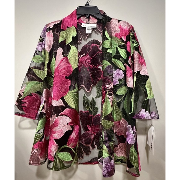 Caroline Rose Sweaters - Caroline Rose NWT Woman Extra Small Sheer Black Embroidered Swing Cardigan‎